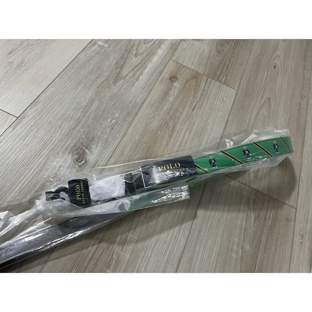 Polo Ralph Lauren Mens Green Polo Bear Brown Leather Ribbon Belt Size 32 NWT.